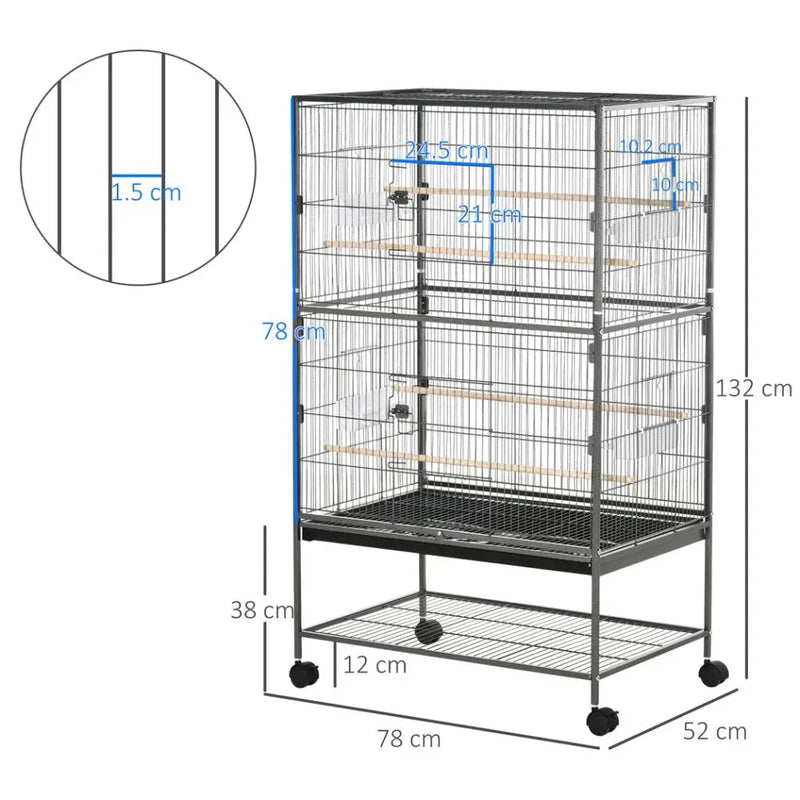 Bird Cage Aviary for Budgies Canaries w/ Rolling Stand Slide-Out Tray, Grey