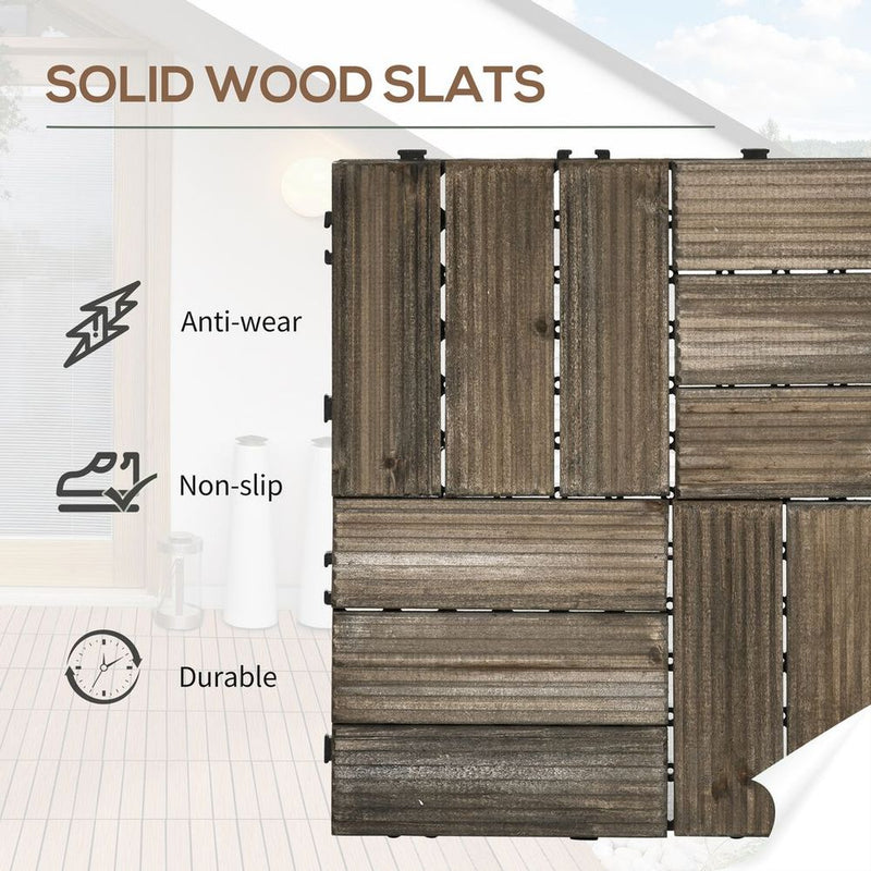 Outsunny 27 Pcs Wooden Interlocking Decking Tiles, Outdoor Flooring Tiles for Patio, Balcony, Terrace, Hot Tub, 30 x 30 cm per Piece, 2.5㎡ per Pack, Charcoal Grey