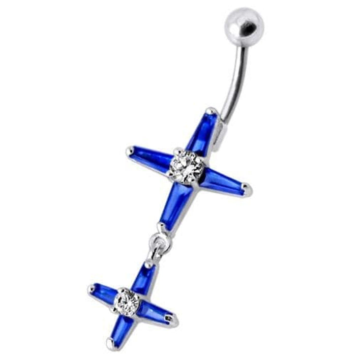 Fancy Double Cross Jeweled Silver Dangling With SS Bar Belly Ring