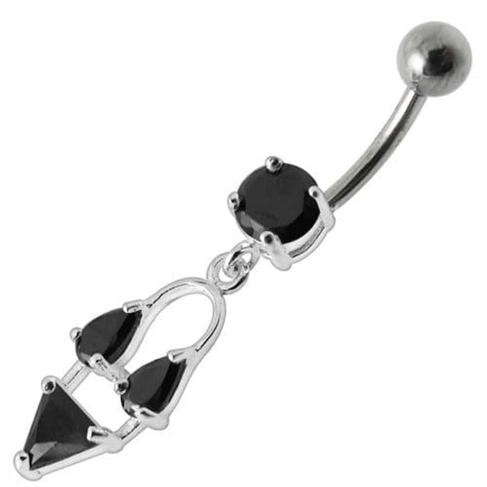 Silver Fancy Double Stone Jeweled Dangling Navel Ring