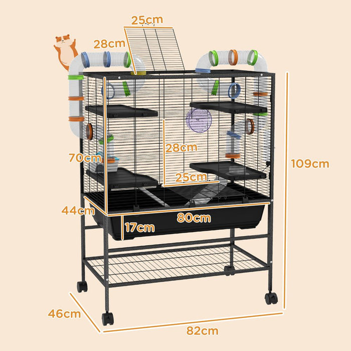 PawHut Large Hamster Cage, Rat Cage with Wheels, Tubes, Storage Shelf, Ramps