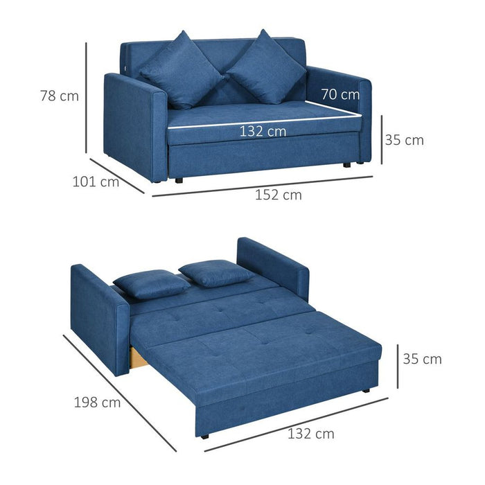 HOMCOM 2 Seater Sofa Bed Convertible Bed Settee w/ 2 Cushions Storage Blue