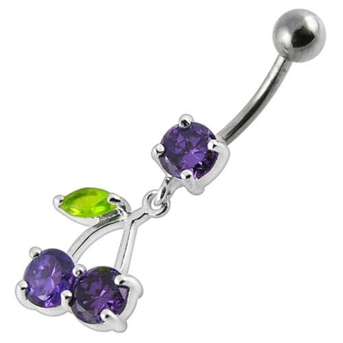 Cherry Jeweled Fancy Silver Dangling Belly Ring With SS Bar