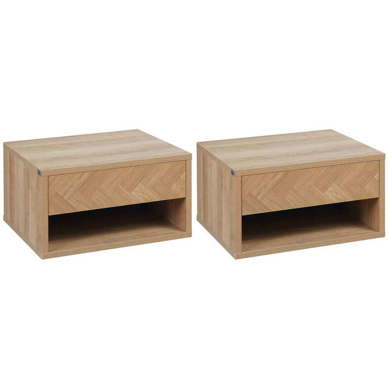 HOMCOM Floating Bedside Table Set of 2 Wall Mounted Nightstand W/ Drawer Natural