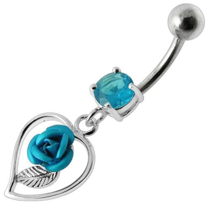 Rose in Heart Jeweled Dangling Belly Ring