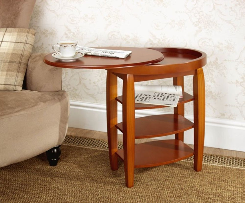 Sleek Oak Swivel Side Table - Space-Saving Design, Storage Compartment & 3 Shelves - Easy Assembly