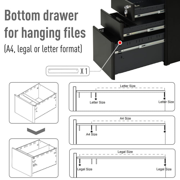 3 Draw Metal Filing Cabinet Lockable 4 Wheel Compact Under Desk Black Vinsetto