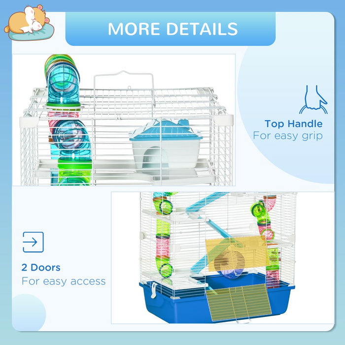 PawHut Hamster Cage with Tunnel Tube System, 5 Level Gerbil Haven with Water Bottle, Exercise Wheel, Food Dish, Ramps 59 cm x 36 cm x 69 cm - Blue