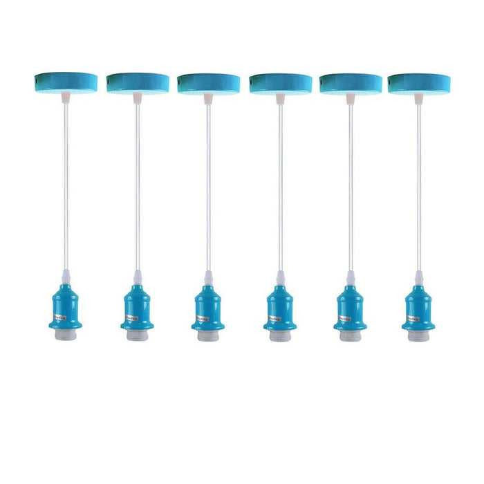 6 Pack Industrial Pendant Light Fitting, Lampshade Addable E27 Lamp Blue Holder Fitting Set With PVC Cable