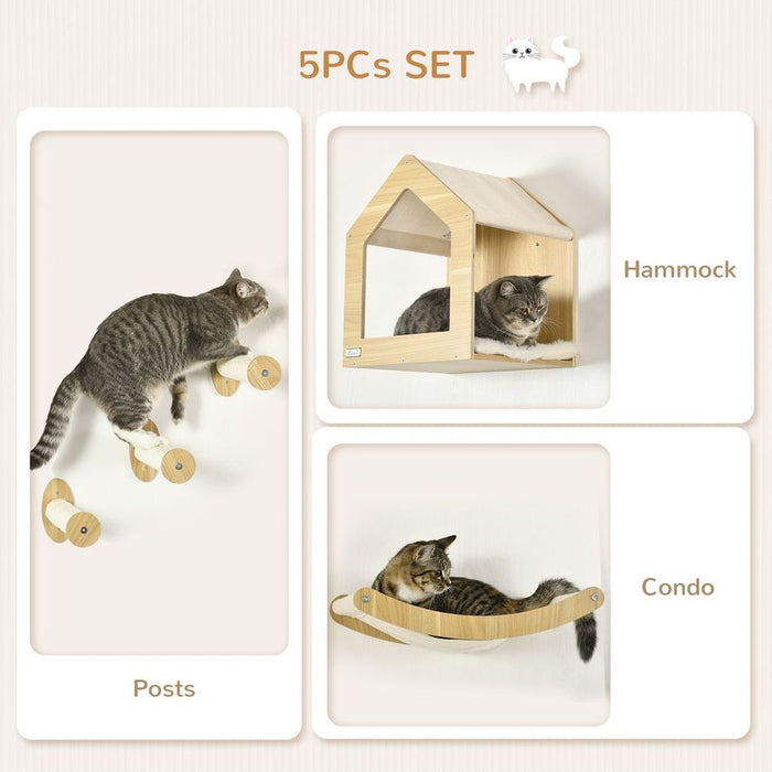 PawHut 5PCs Wall Mounted Cat Tree Cat Climbing Shelf Set Scratching Post, Oak