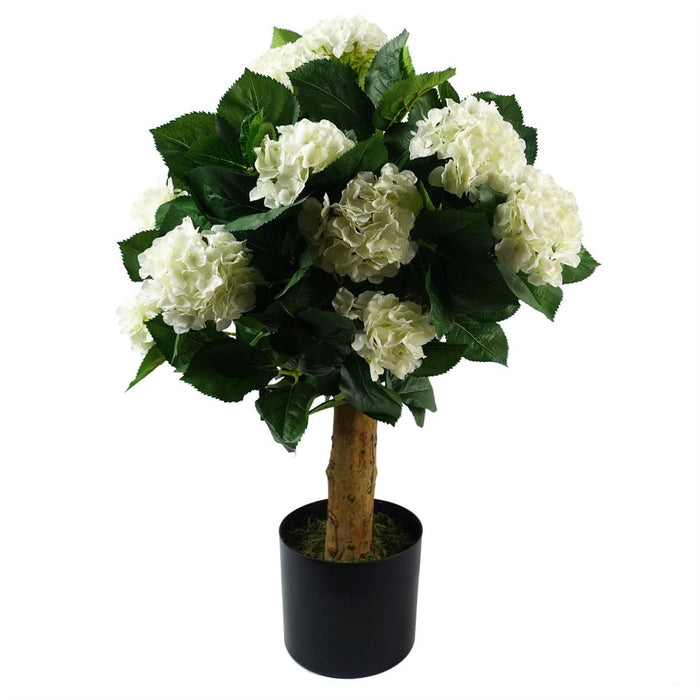 Premium Artificial White Hydrangea Plant - 75cm Tall, Silk Flowers, Wood Trunk