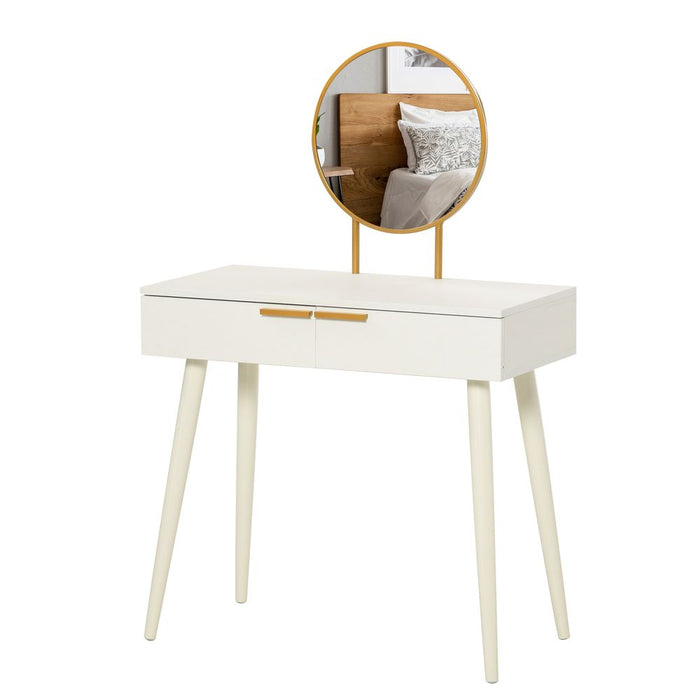 Elegant White Dressing Table with Round Mirror & 2 Drawers - High-Quality Makeup Vanity Desk