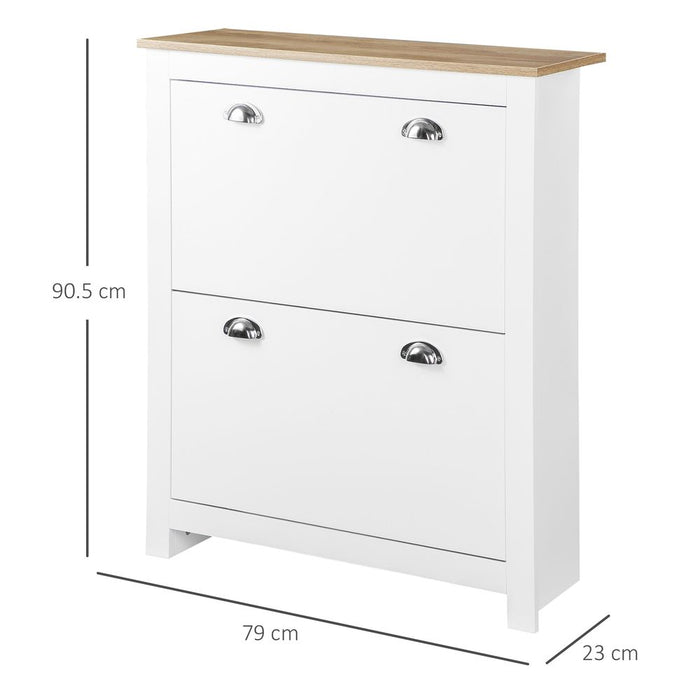 2 Drawer Shoe Cabinet Narrow Shoe Cupboard with Flip Doors White