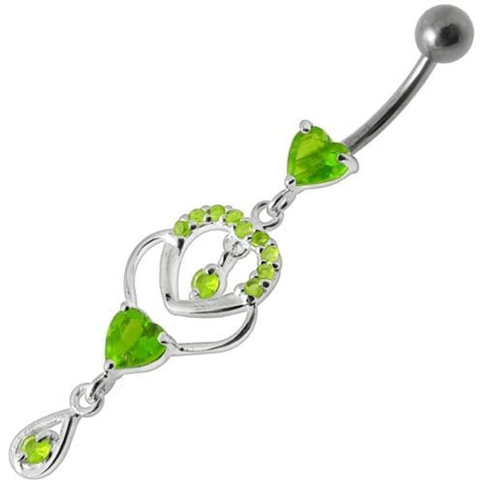 Fancy Jeweled Dangling Heart With Banana Bar Belly Ring Body Jewelry