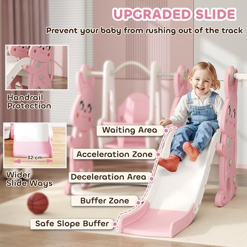 AIYAPLAY 4 in 1 Kids Slide and Swing Set with Climber, Basketball Hoop, Pink