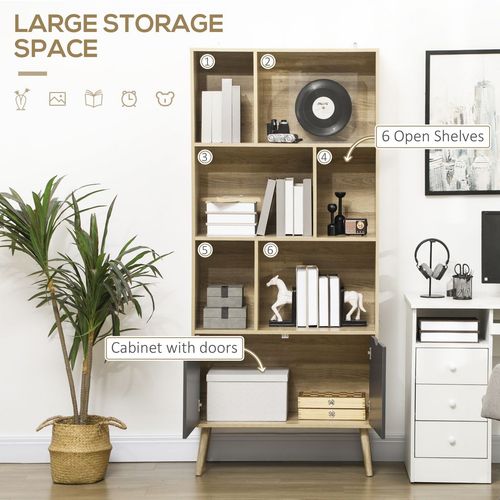 HOMCOM Freestanding Bookshelf with Bottom Cabinet and 6 Open Shelves, Natural
