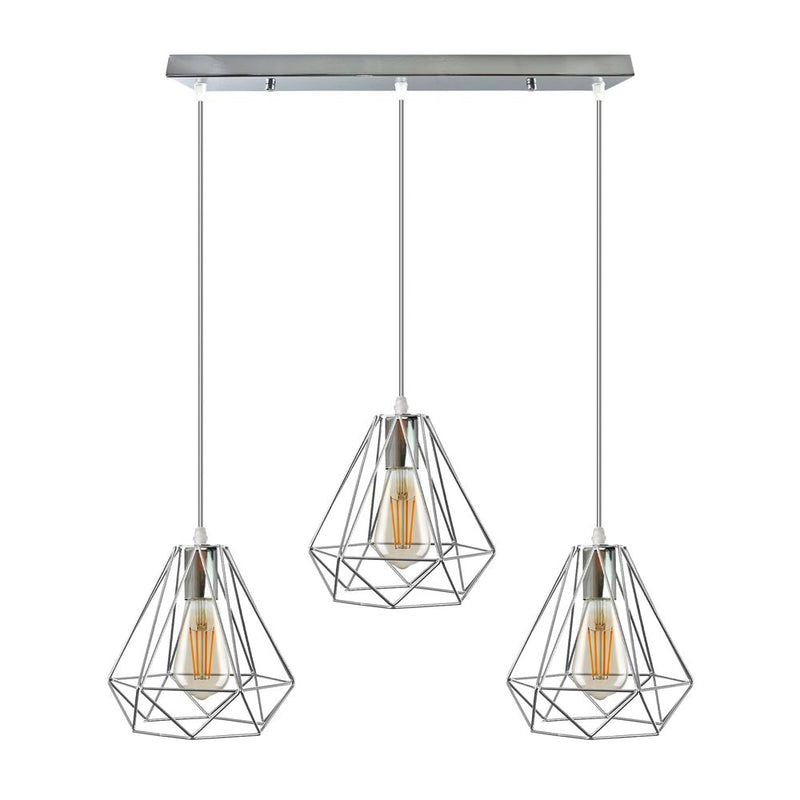 3 Head Rectangle Base Chrome Vintage Metal 20cm Diamond Wire Cage E27 Base Ceiling Pendant Light