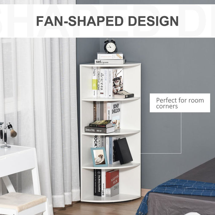 4-Tier Bookshelf, 120H cm-White: Corner Storage Solution with Spacious Shelves for Books, Photos, Plants & More