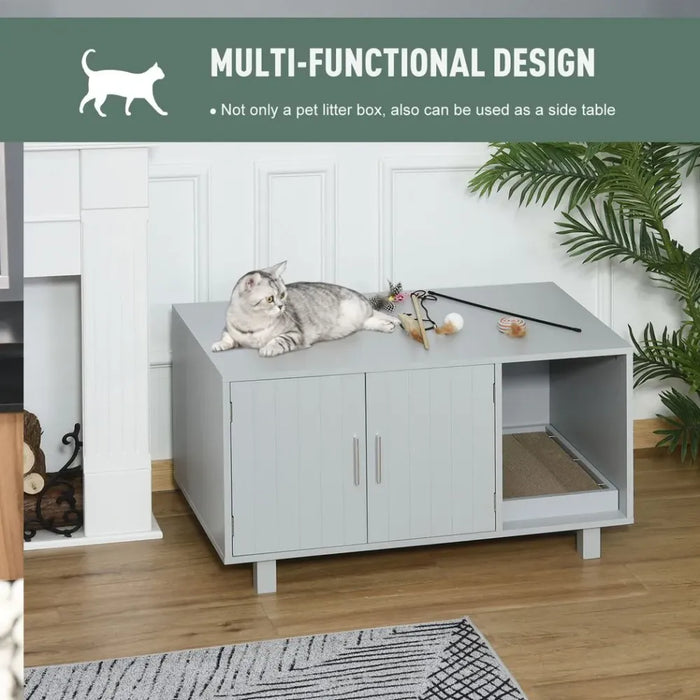 Stylish Grey Cat Box Furniture w/ Scratch, Magnetic Doors - Multipurpose Kitty Enclosure, Easy to Clean - Best Quality!