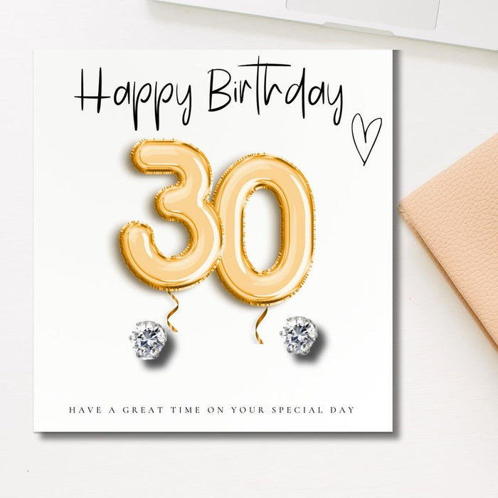 30th Birthday Gold Balloons - Earrings & Message Card