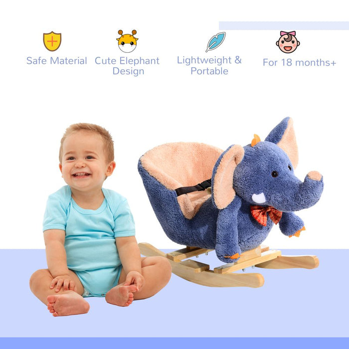 HOMCOM Children Kids Rocking Horse Toys Plush Elephant Rocker Seat with Sound Toddler Baby Gift for 1.5 Years+ Blue