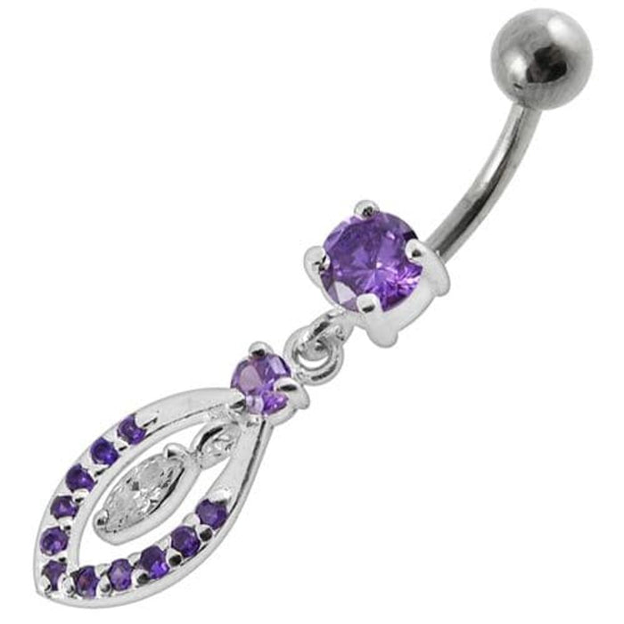 Jeweled Fancy Silver Dangling SS Bar Banana Belly Ring