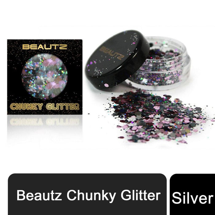 Beautz Chunky Glitter - 5 Varieties! 10ml Pot, 5g Cosmetic Glitter [Silver] - Perfect for DIY, Nail Art, Makeup, and Body Art