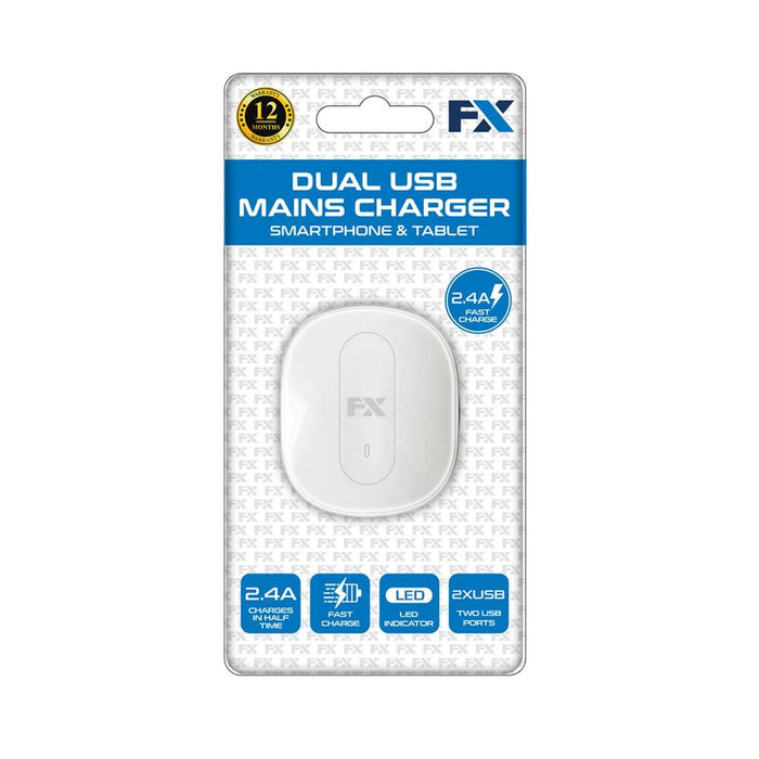 FX Dual USB 2.4 AMP Charger: Fast Charging for Smart Phones & Tablets, White