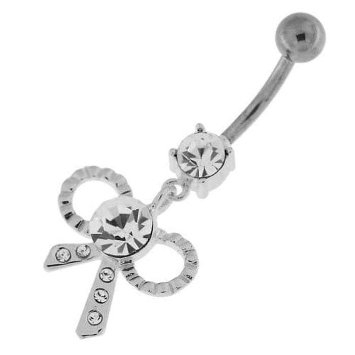 Simple Jeweled Tie Bow Silver Belly Button Ring