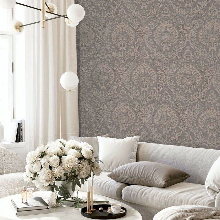 Premium Luxe Damask Chocolate Rose Gold Wallpaper - High Quality