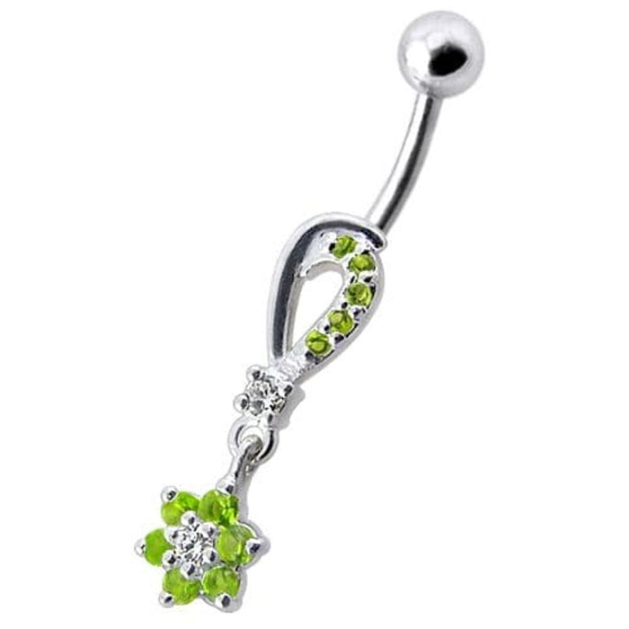 Fancy  Jeweled Dangling Flower SS Banana Belly Ring