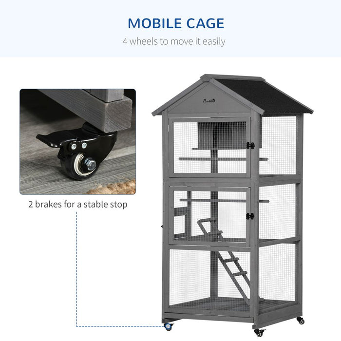 Bird Cage Wooden Aviary for Canary Cockatiel Parrot w/ Wheels Tray