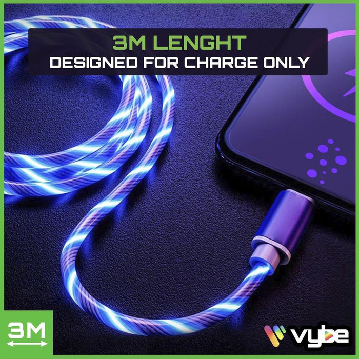 Vybe Gaming Light Up Charging Cable - 3M - Type-C - Blue - Compatible with Xbox, PlayStation, and More