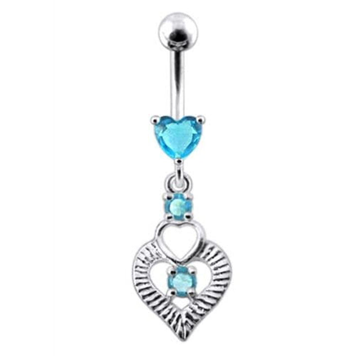 Silver Fancy Heart Jeweled Heart Dangling Banana Belly Ring