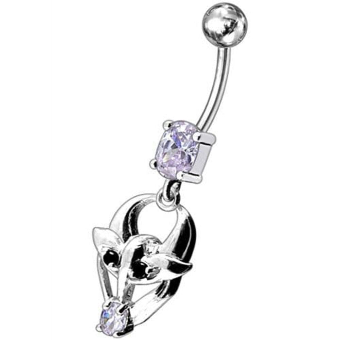 Fancy Jeweled Gothic Skull Silver Dangling With SS Bar Belly Ring