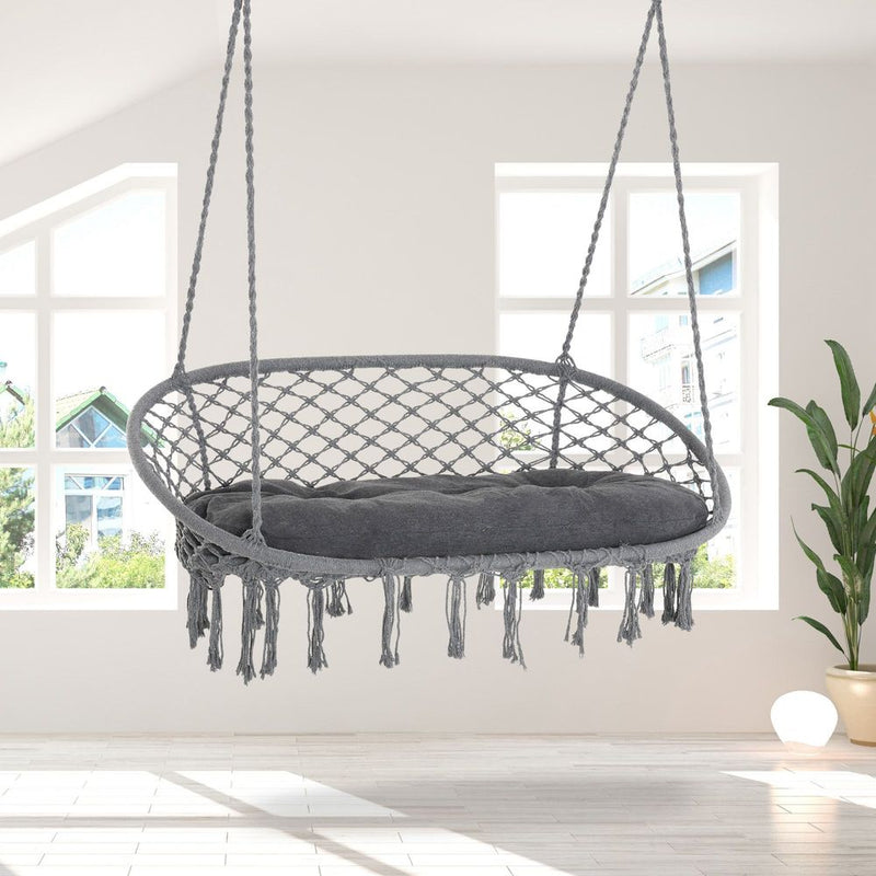 Hanging Hammock Chair - Cotton Rope Swing & Metal Frame - Large Macrame - Dark Grey