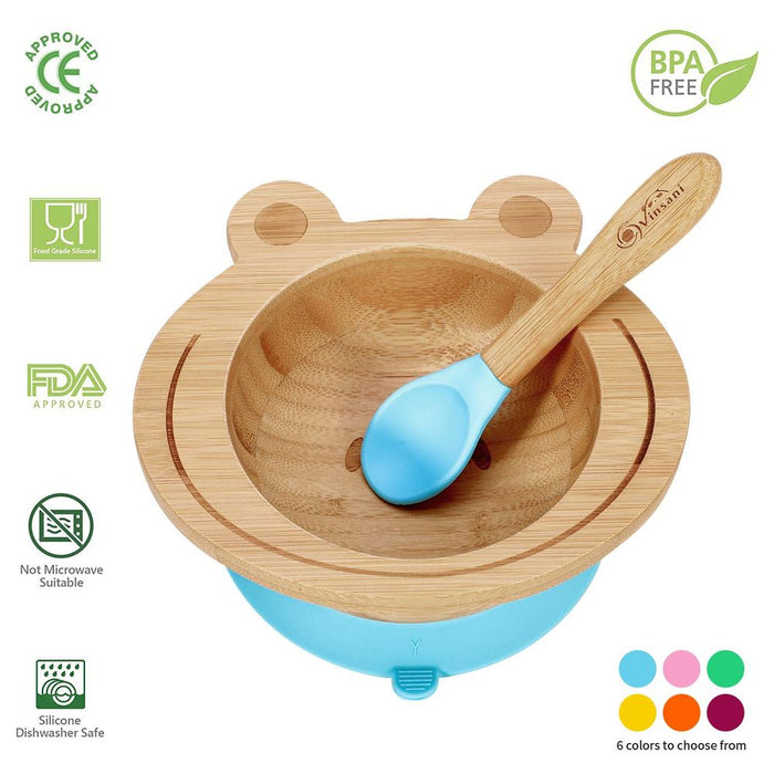 Frog Bamboo Bowl & Spoon Set - All-Natural, BPA-Free, Non-Slip - Perfect for Kids!