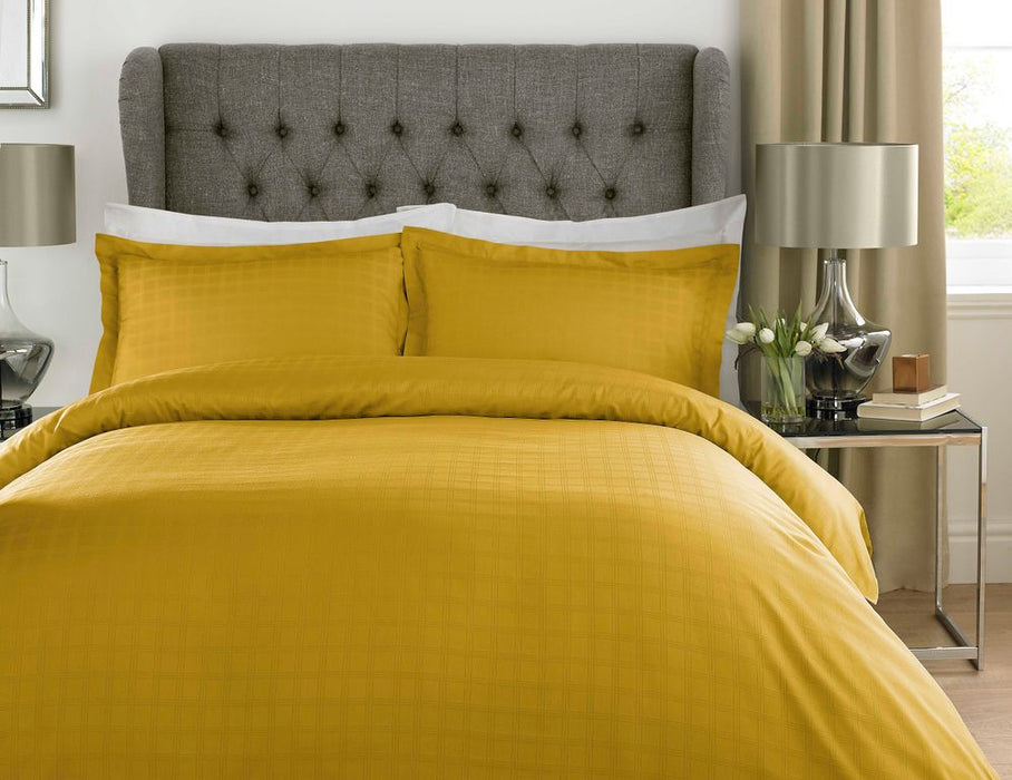 400TC - 100% Cotton Satin Stripe Check Duvet Set Mustard Yellow