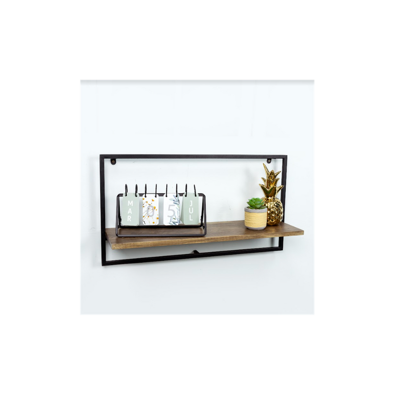 Sturdy Dark Oak Floating Wall Shelf - PARGI: Wide Design, Black Frame