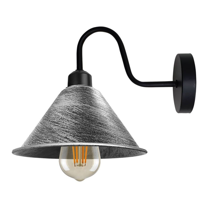Vintage Wall Light Fixture | Brushed Silver Black Wall Sconce | E27 Socket | Swan Neck Cone Shade | High Quality