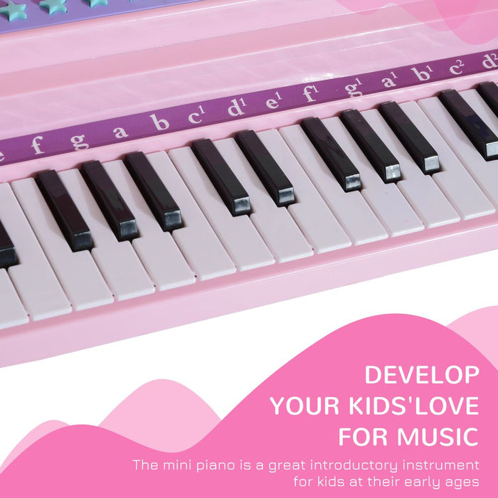 Safe & Interactive 37-Key Mini Piano Keyboard Microphone Stool for Kids - Pink