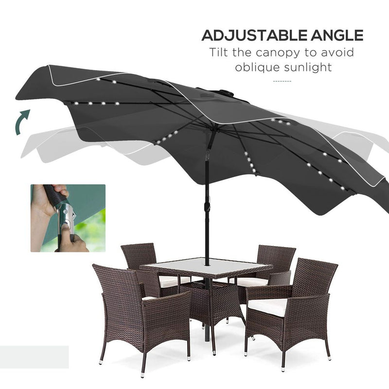 Premium Outsunny LED Garden Parasol Umbrella - Tilt, Solar Powered Lights - Table Umbrella