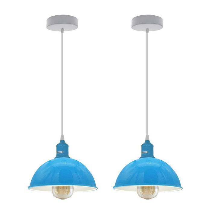 Sturdy Metal Dome Pendant Lights - 2 Pack, Blue Loft Style, Spray Painted Finish, Inner White, 21cm, E27 Bulb