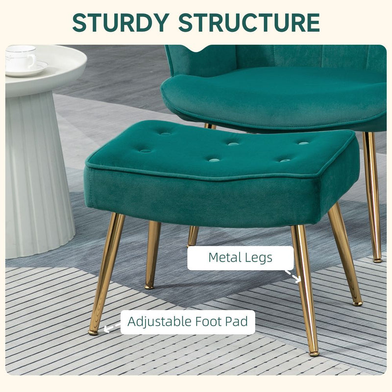 HOMCOM Button Tufted Armchair with Footstool and Gold Tone Steel Legs Dark Green