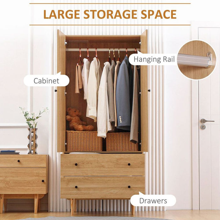 Modern Wardrobe with 2 Drawers, Hanging Rail, Clothes Organizer for Bedroom