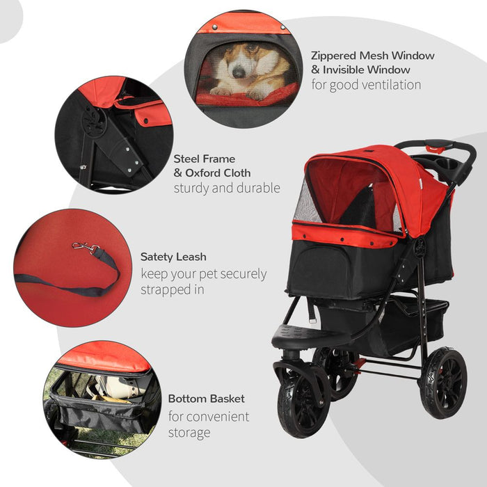 PawHut IE Located Folding Pet Stroller 3 Wheel Dog Jogger Travel Carrier Adjustable Canopy Storage Brake Mesh Window for Small Miniature Dog Cat Red