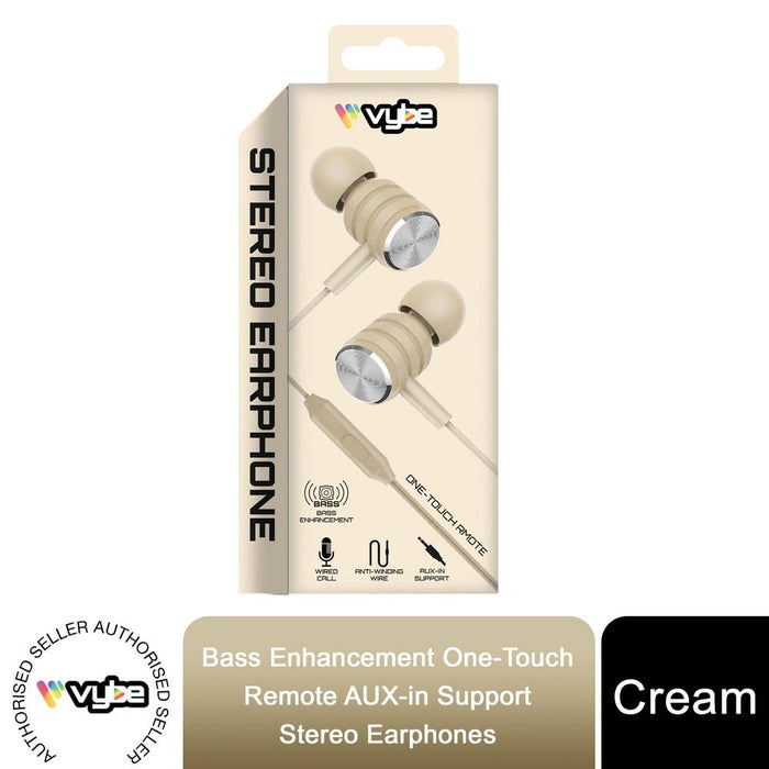 Premium Cream Vybe Bass One-Touch Remote AUX Stereo Earphones