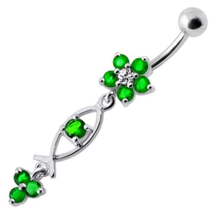 Silver Fancy Jeweled Dangling Flower With SS Banana Bar Navel Ring