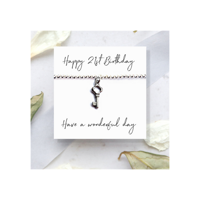 Happy 21st Birthday Bracelet & Message Card - Silver Plated Beaded Bracelet - Thoughtful Gift