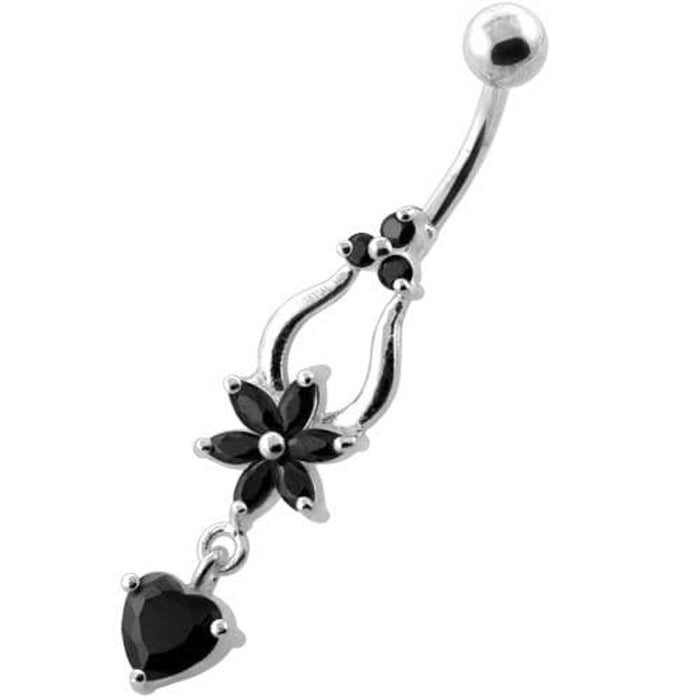 Flower with Heart Dangling Navel Belly Ring